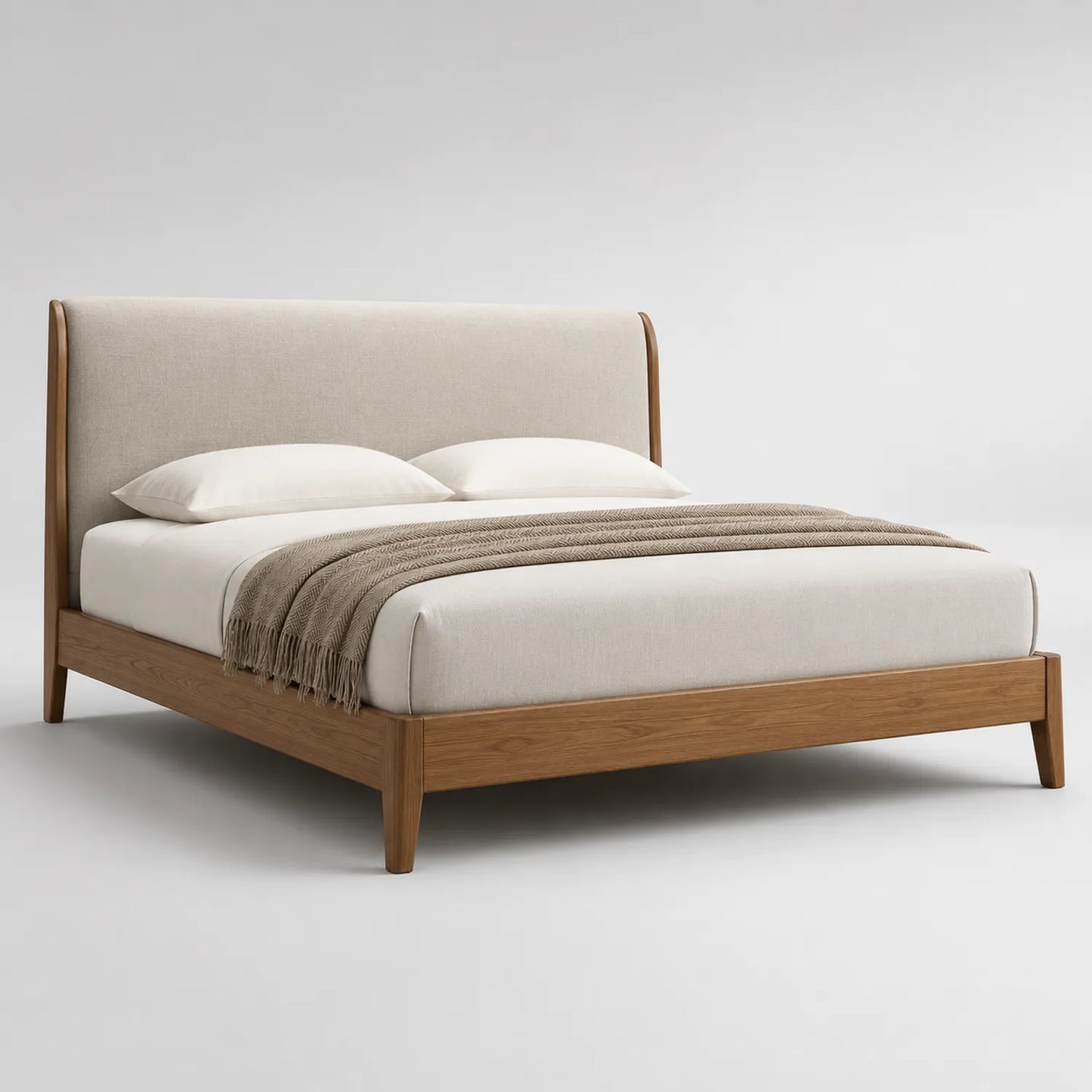 Holzbett mit gepolstertem Kopfteil aus Eiche und Leinen 200x180 cm Beige