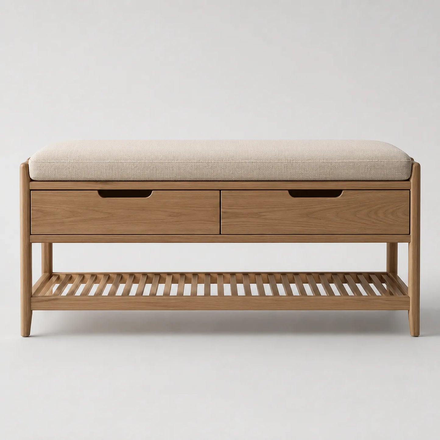Holzflurbank mit Polyesterpolsterung in Beige, 2 Schubladen