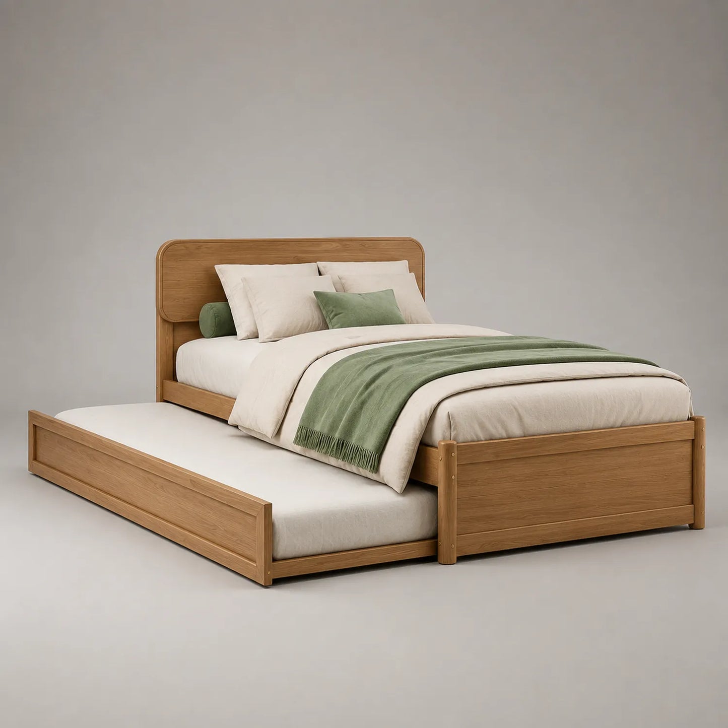 Holzbett mit ausziehbarem Gästebett und Matratzen