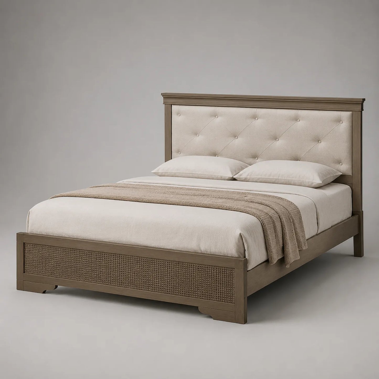 Kiefernholzbett mit Leinenkopfteil und Rattan 200x180 cm Beige