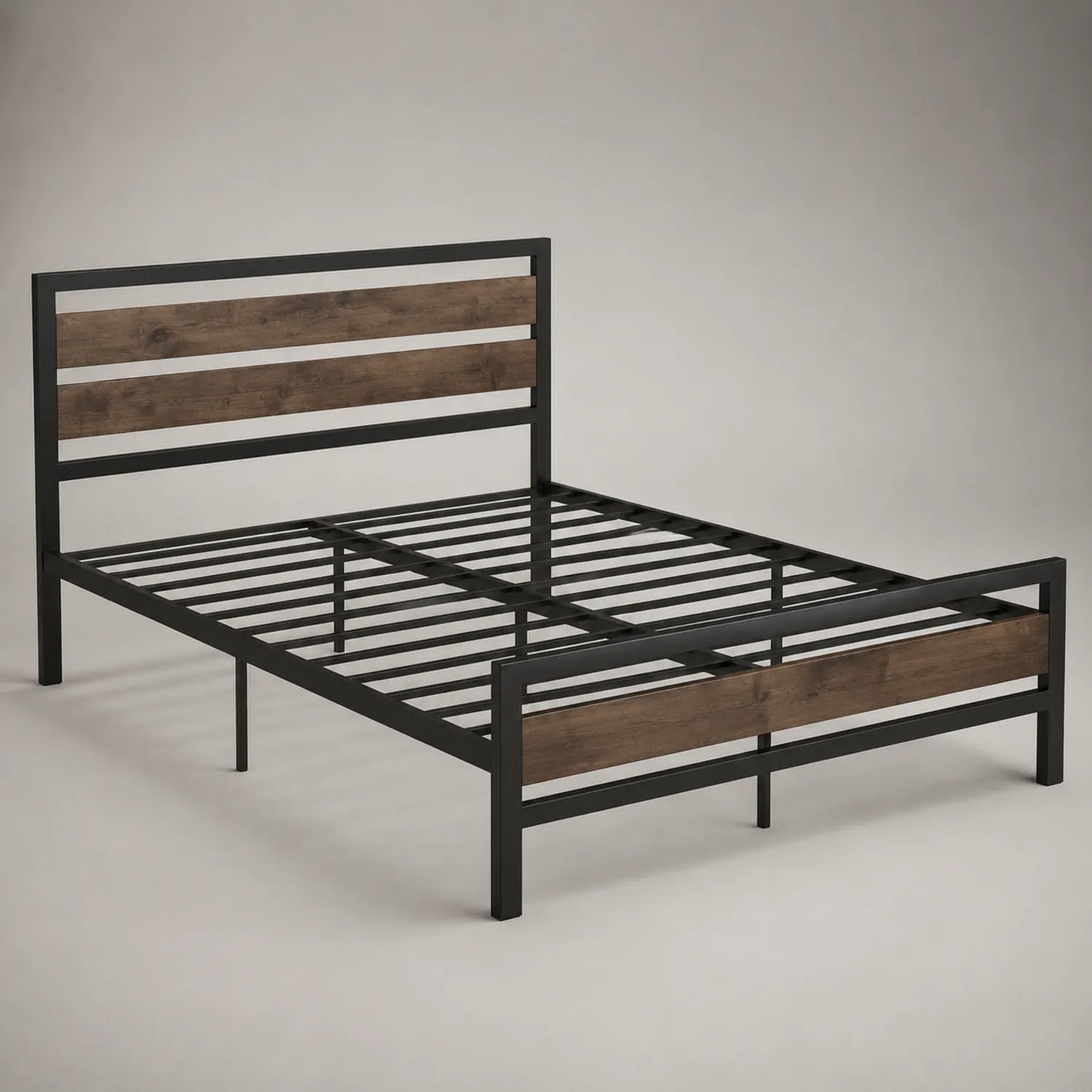 Metallbett mit Massivholzpaneelen 200x160cm Schwarz und Dunkelbraun