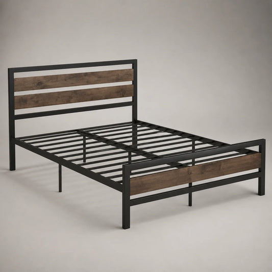 Metallbett mit Massivholzpaneelen 200x160cm Schwarz und Dunkelbraun