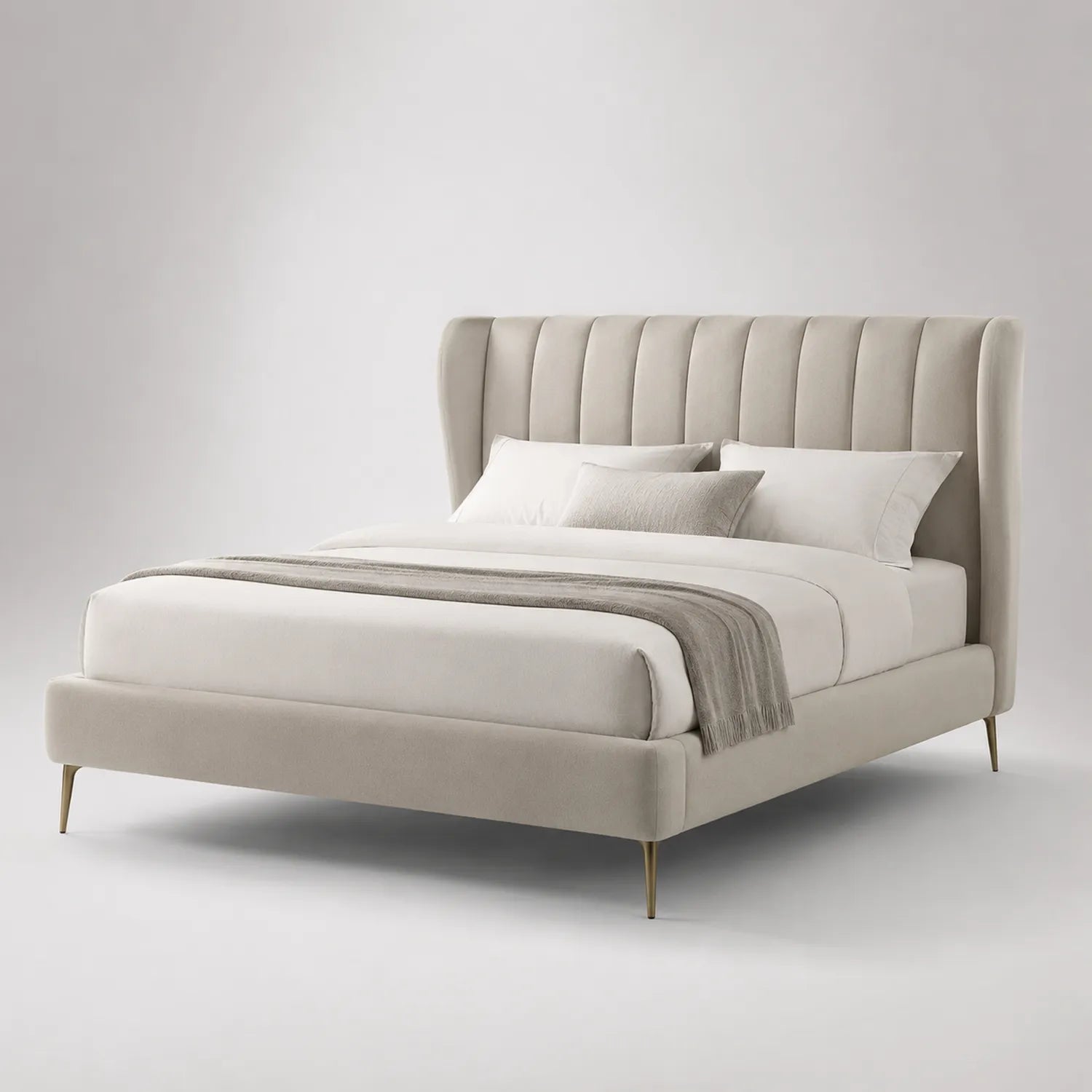 Beiges Samt Doppelbett mit Kopfteil und Metallfüßen 200x160 cm
