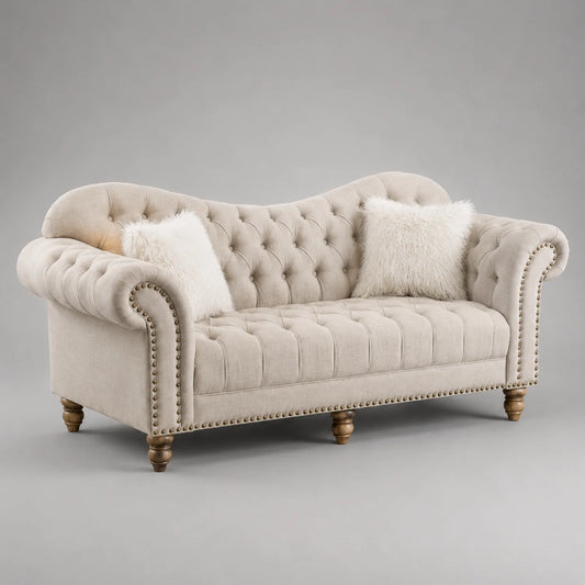 Chesterfield Sofa 3-Sitzer Beige Leinen Holzfüße