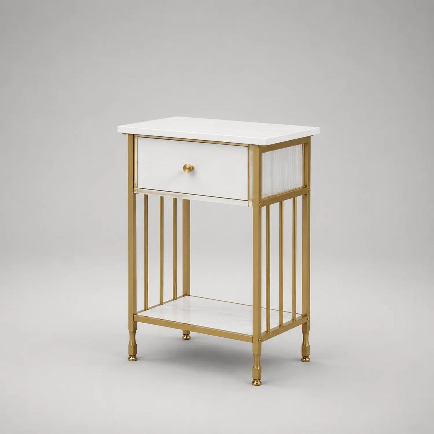 Nachttisch mit Metallgestell und MDF-Schublade Weiß/Gold