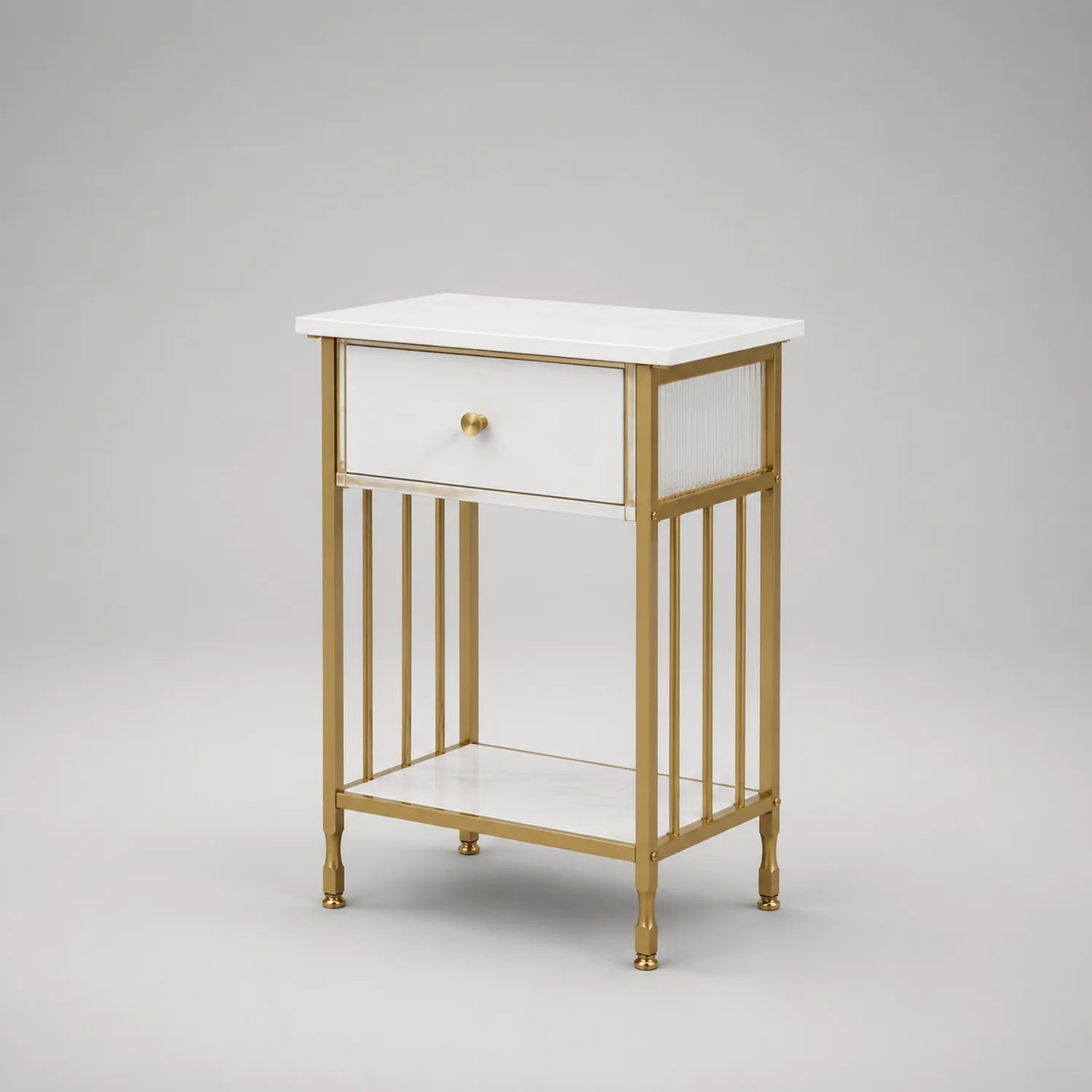 Nachttisch mit Metallgestell und MDF-Schublade Weiß/Gold