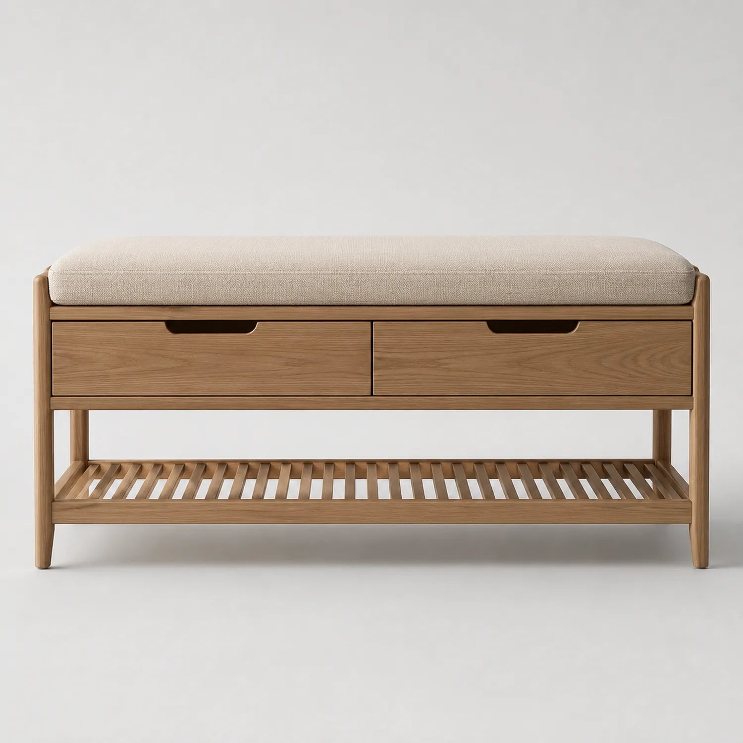 Holzflurbank mit Polyesterpolsterung in Beige, 2 Schubladen