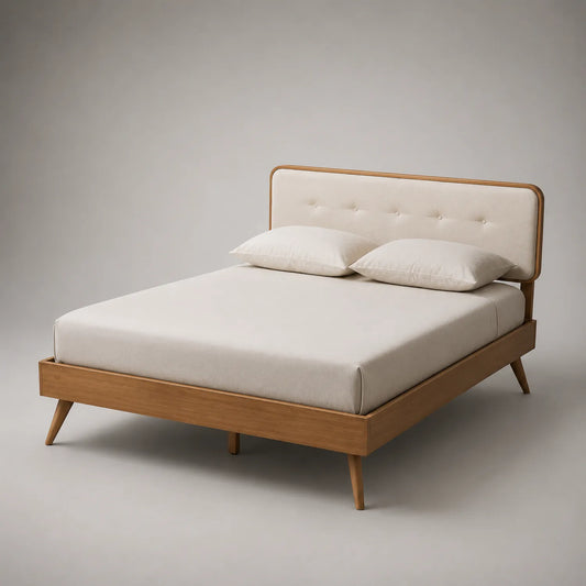 Holzbett mit gepolstertem Kopfteil und Kissen Beige