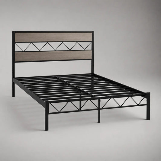 Metallbett mit Stahlrahmen und Holzkopfteil 200x150 cm Schwarz/Braun