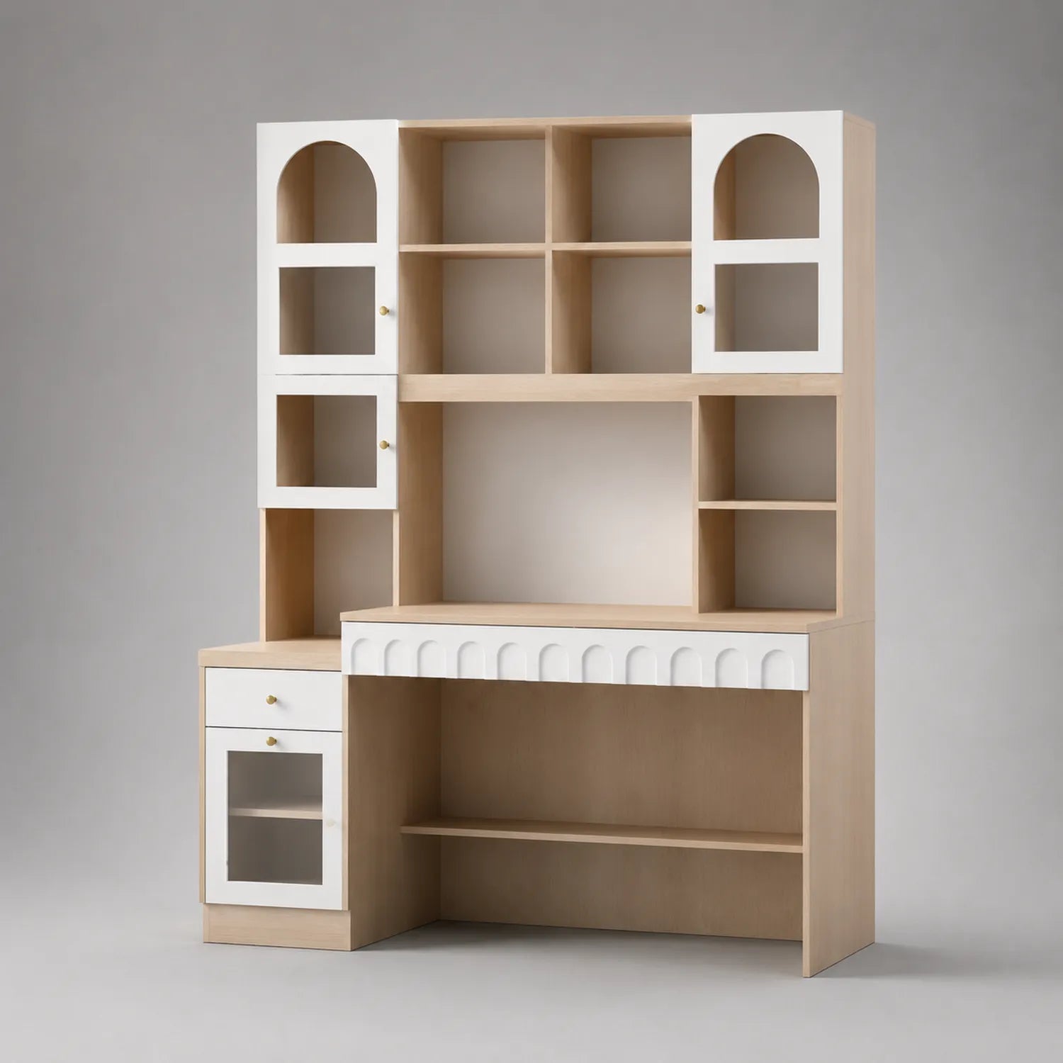 Holz-Bücherregal mit Schreibtisch und Regalen MDF Weiß/Beige
