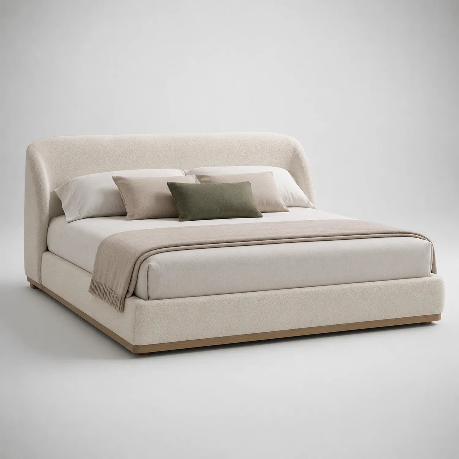Holz-Doppelbett mit Polyesterpolsterung und Kissen