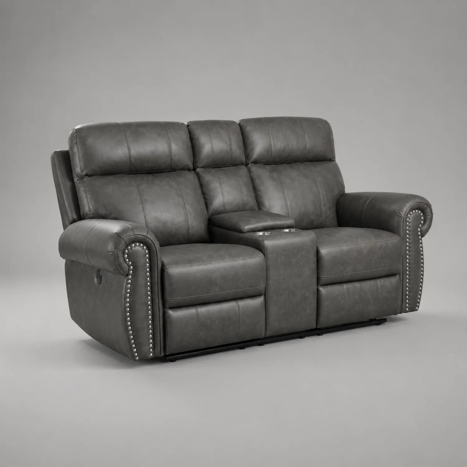 2-Sitzer Ledersofa mit Getränkehalter Dunkelgrau