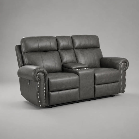 2-Sitzer Ledersofa mit Getränkehalter Dunkelgrau