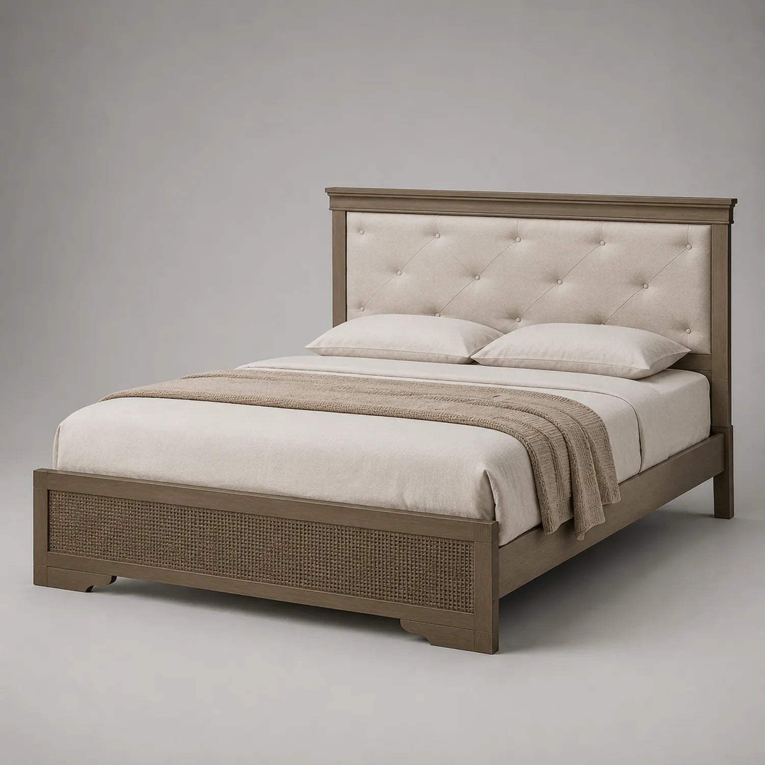 Kiefernholzbett mit Leinenkopfteil und Rattan 200x180 cm Beige