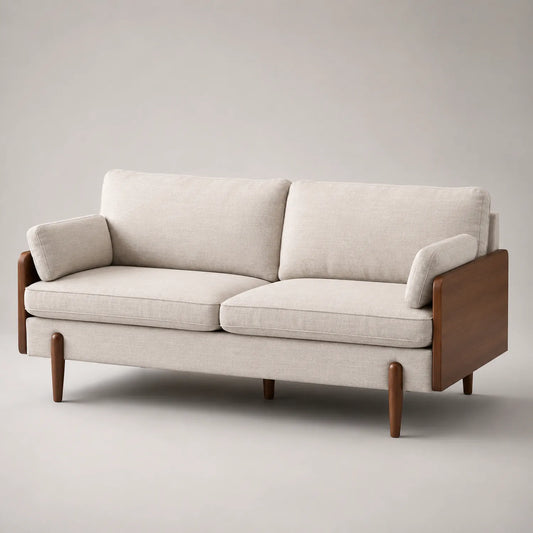 2-Sitzer Sofa Holz mit Leinenbezug Beige